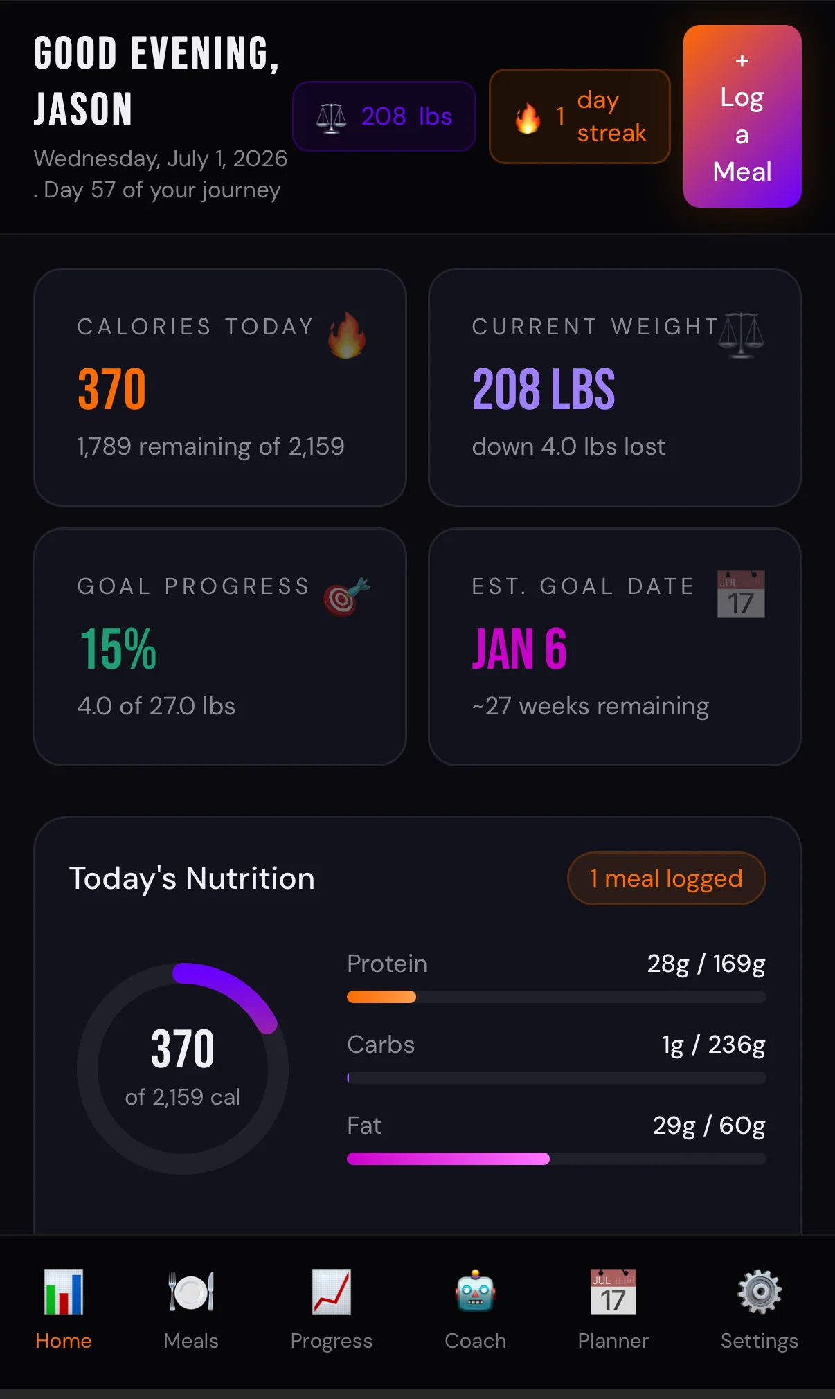 Zero to Hero dashboard showing calories, current weight, goal progress, estimated goal date, nutrition, and mobile navigation