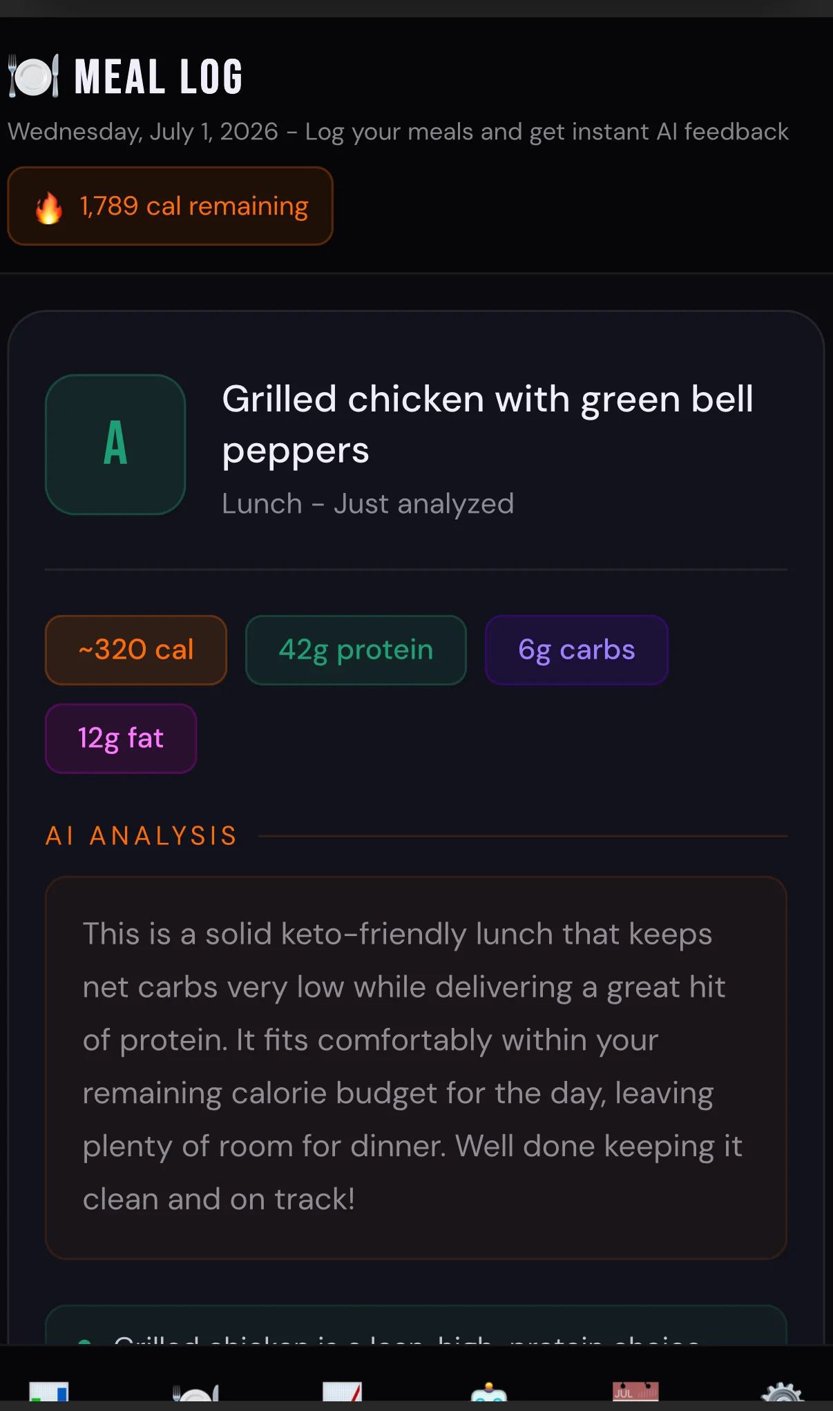 Zero to Hero meal analysis screen showing an A grade, calories, protein, carbs, fat, and AI feedback