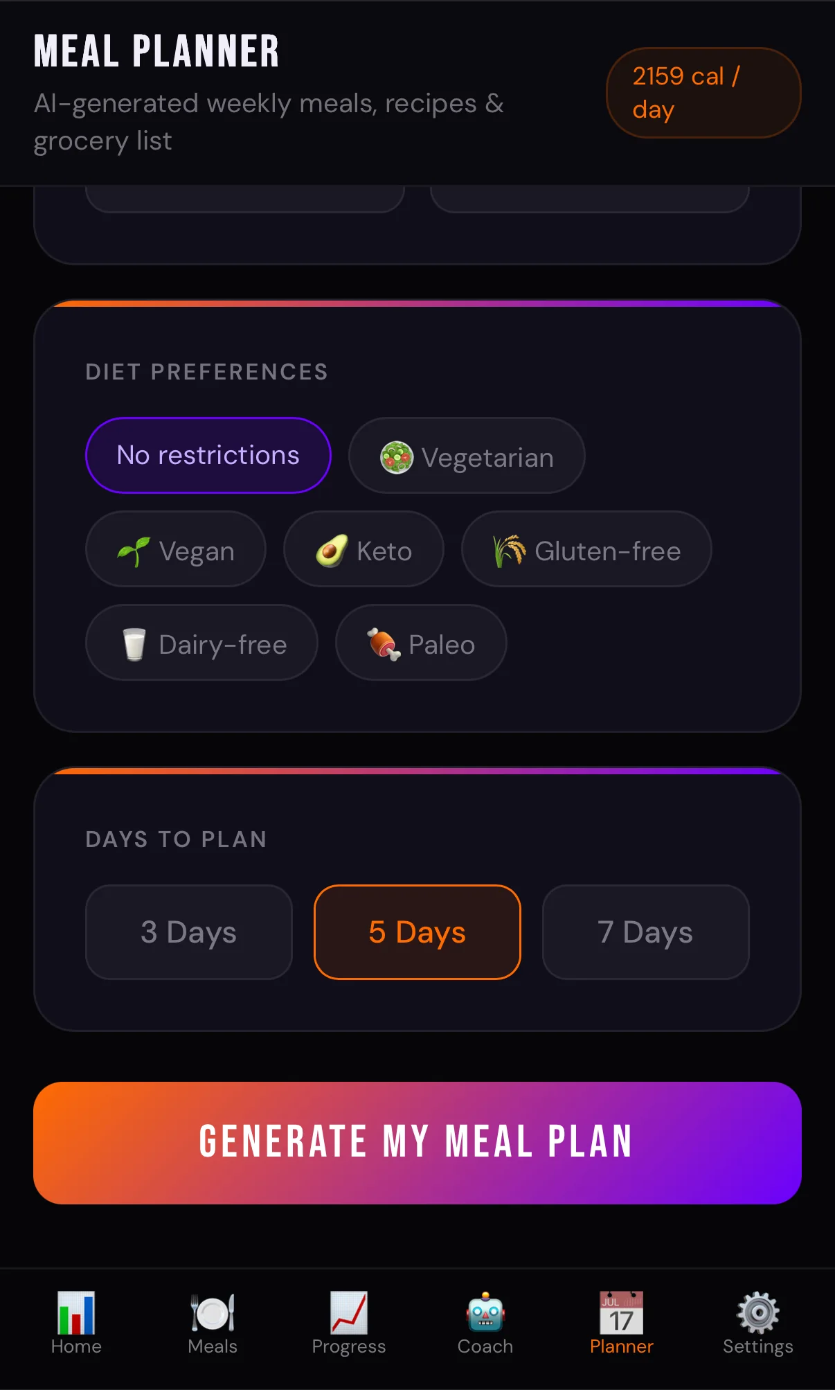 Zero to Hero Meal Planner screen showing diet preferences and a five-day plan option