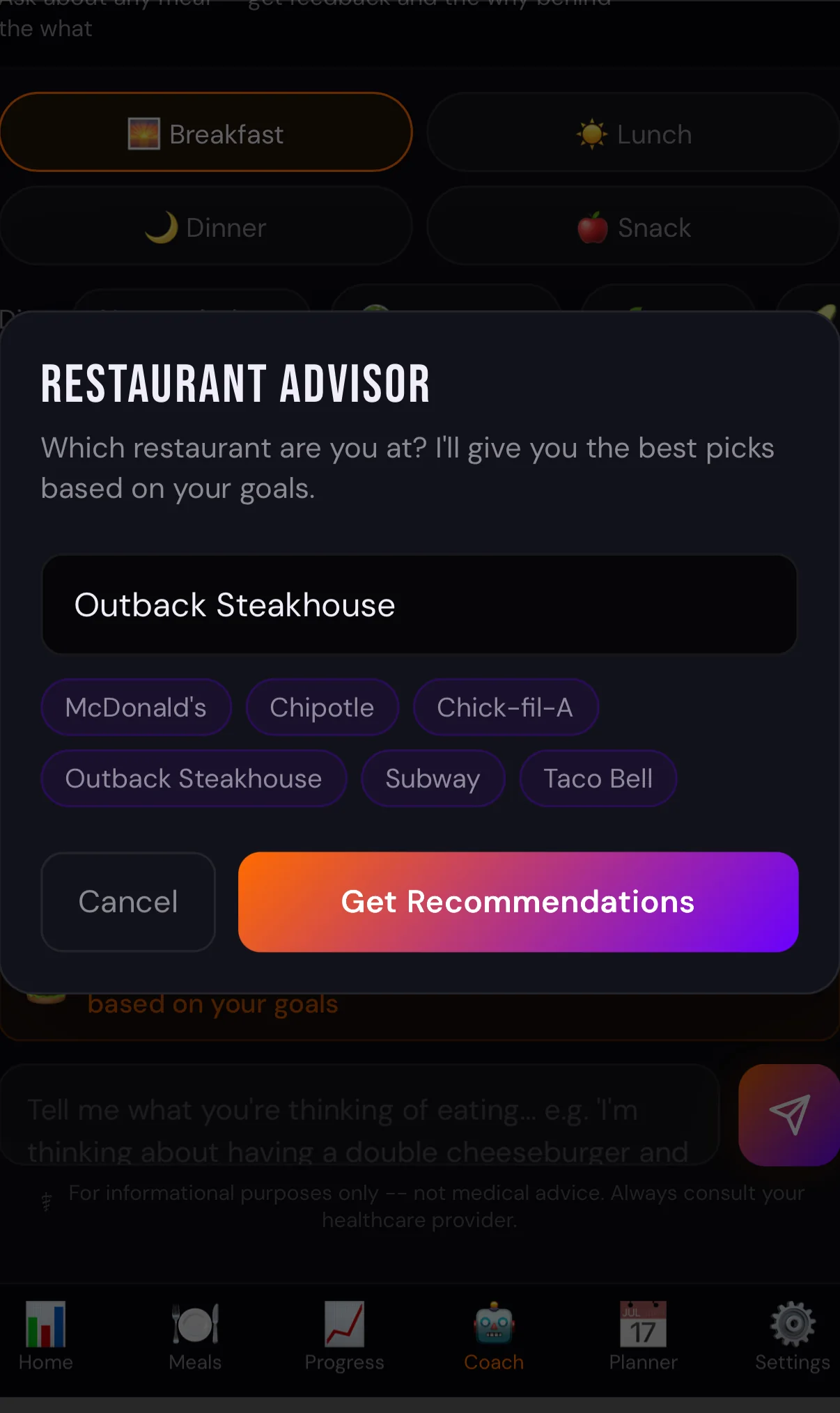Restaurant Advisor modal with restaurant selection and recommendation button