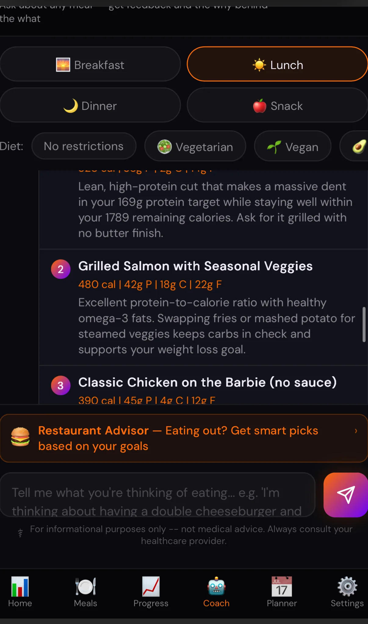 Restaurant recommendations screen with ranked meal suggestions and nutrition information
