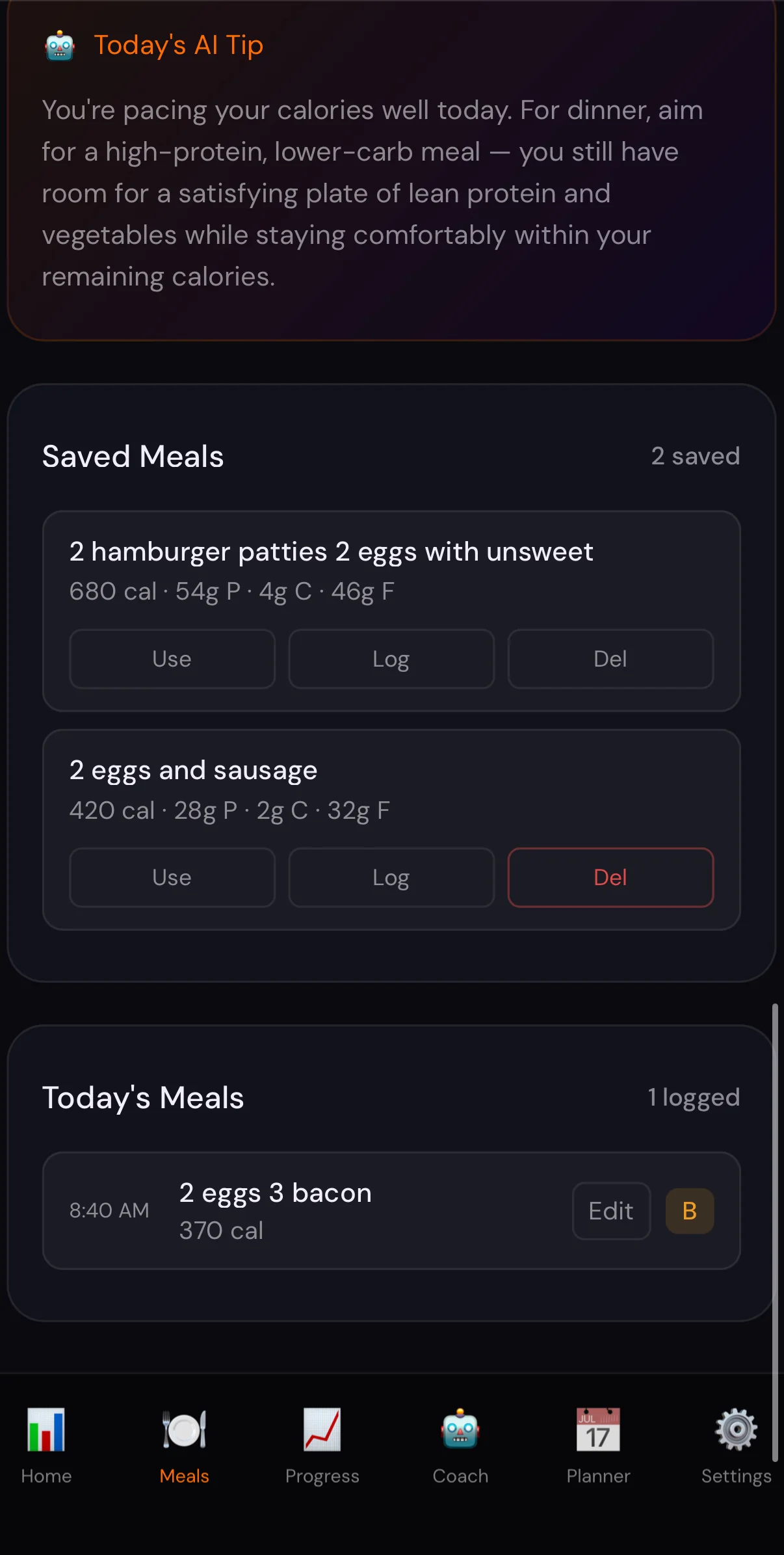 Saved meals and today's meals screen with quick use and log actions
